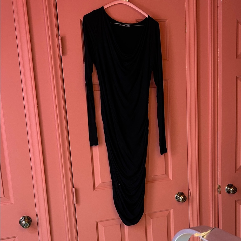 Maternity Black Long-Sleeve Draped Midi Dress